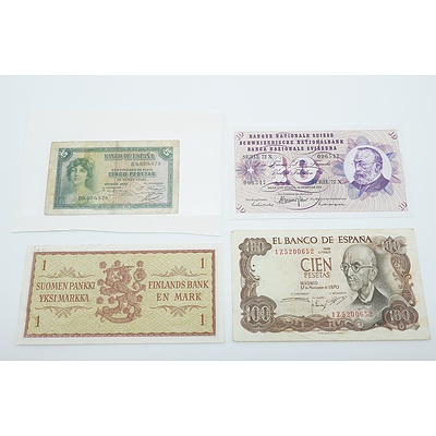 1963 Finland 1 Mark Banknote, 1971 Switzerland 10 Francs Banknote, 1970 Spain 100 Pesetas Banknote and 1935 Spain 5 Pesetas Banknote