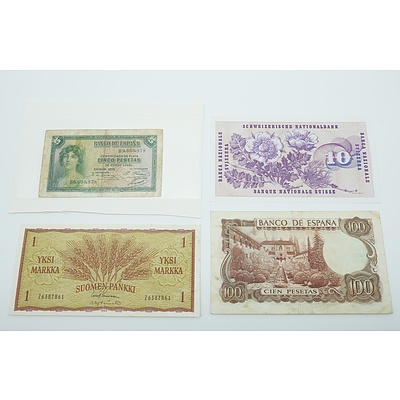 1963 Finland 1 Mark Banknote, 1971 Switzerland 10 Francs Banknote, 1970 Spain 100 Pesetas Banknote and 1935 Spain 5 Pesetas Banknote