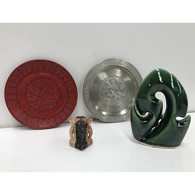 Papa and Rangi Maori Statue, Lotus Pattern Modern Cinnibar Dish, 97% Pewter Plate and a Marble Incense Burner