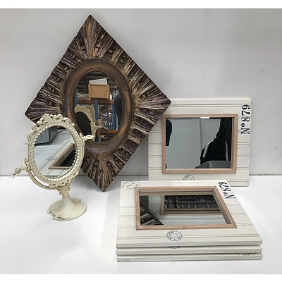 Group of Mirrors Including Hand-carved Wooden Mirror and Four Rustic Nautical Mirrors