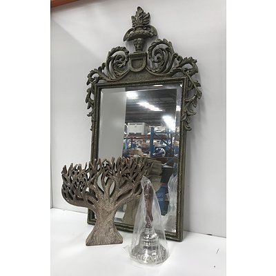 Metal Bronze-painted Mirror, Wooden Tree of Life Carving and a Silver-plated Captain's Bell