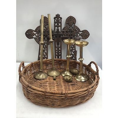 Three Trelise Cooper Wooden Crucifixes, Large 1970's Wicker Moses Basket and a Group of Brass Candle Sticks