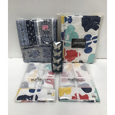 Group of Tablecloths Including Handblock-printed Linen and Moore, Villa Maison Butterfly Napkin Rings and More