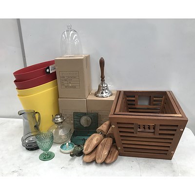Large Group of Homewares Including Outdoor Storage Boxes, Glassware and a Silver-plated Bell