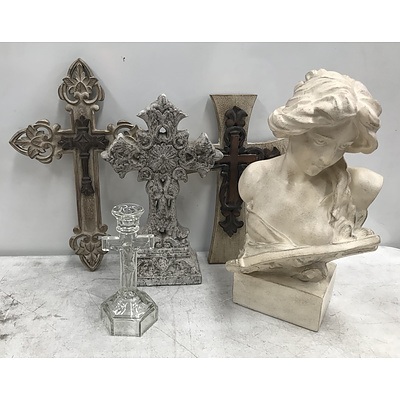 Group of Four Crucifixes and a Roman Bust