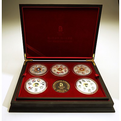 A Boxed Set of Five Stirling Silver Limited  Edition 2008 Beijing Olympics Medallions of the Olympic Mascots  and a Boxed Set of Five Large Stirling Silver Mascot Medallions