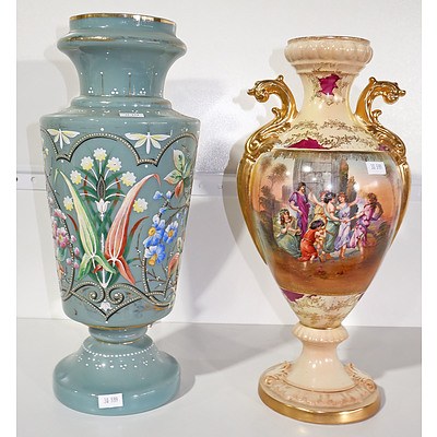 Antique Hand Painted Opaline Glass Vase and a Continental Ceramic Urn