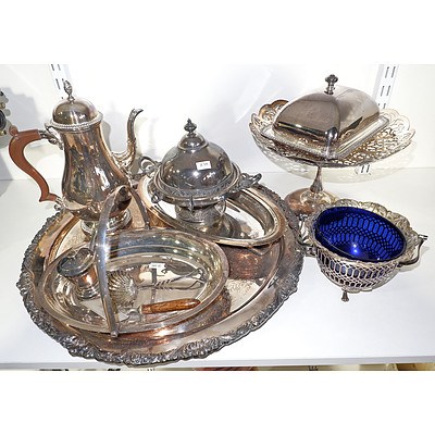 Group of Various Silver Plated Wares, Including Coffee Pot and Bon Bon Dish with Blue Glass Lining