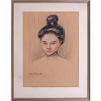 Juliet Pannett (1911-2005) Crayon Portrait of a Girl, and an Antique Hand Coloured Engraving of Hobart Town