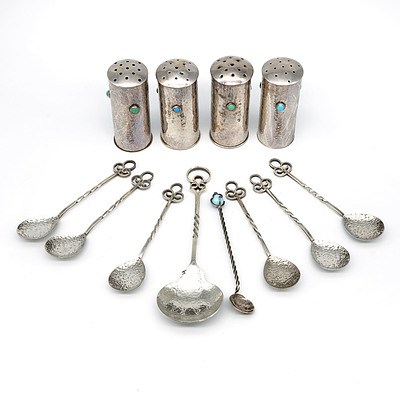 Superb Sargisons Tasmania Hand Raised Sterling Silver Salt and Pepper Pots, and Various Spoons
