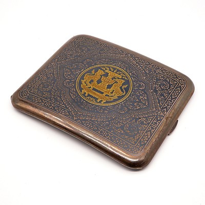 Superb Thai Sterling Silver and Niello Work Cigarette Case with Royal Crest in Gilt