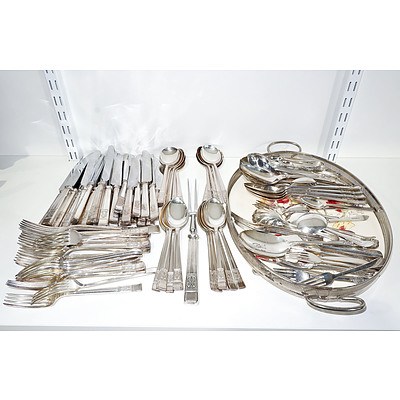 Large Group of Antique Silver Plated Flatware, and a Continental Porcelain and Silver Plated Tray