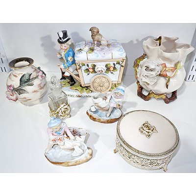 Various Antique Continental Porcelain Vases, Figural Cart, Trinket Box Etc 