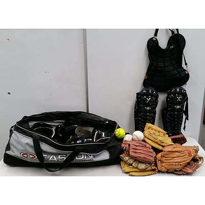 Large Bag of Softball Equipment Including: Leather Mitts, Balls, Helmets and More