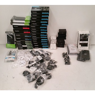 Large Lot of Assorted Phone Accessories including: Apple Earpods, Car USB Chargers, more earphones and Assorted Blackberry Cases and Screen Protectors