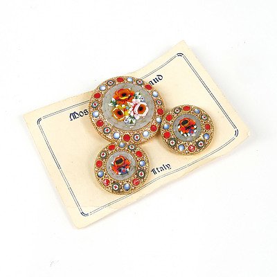 Italian Micro Mosaic Pendant and Matched Clip on Earrings