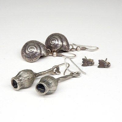 Pair of Sterling Silver Gumnut, Fly and Shell Form Earrings