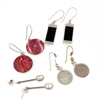 Four Pairs of Silver Earrings with Three Pence, Moonstone, Glass and Onyx