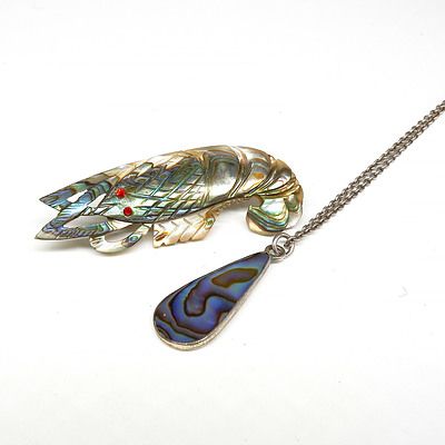 Sterling Silver and Paua Shell Pendant and a Carved Lobster Form Paua Shell Brooch