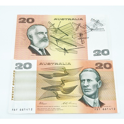 Two Australian $20 Paper Notes, Including Fraser/Cole RXQ355756 and Fraser/Evans  ABF661412