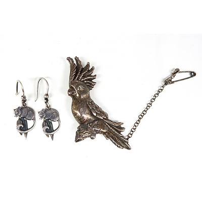Sterling Silver Cockatoo Brooch and a Pair of Sterling Silver Possum Earrings