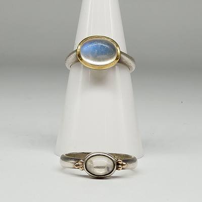 Two Sterling Silver and 9ct Yellow Gold Moonstone Rings
