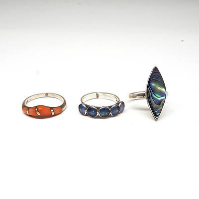 Three Sterling Silver Rings, With Paua Shell, Coral and Opal Triplet