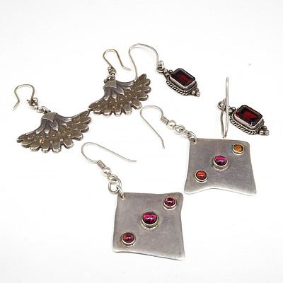 Three Pairs of Sterling Silver Earrings, Two with Garnet, One Floral