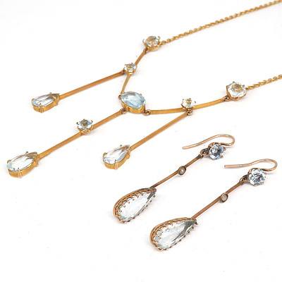 Antique 15ct Yellow Gold Necklace with Matching Earrings with Pale Blue Topaz