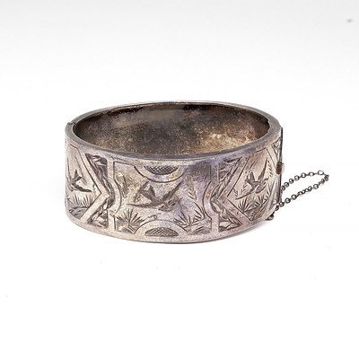 Victorian Sterling Silver Hinged Cuff Bangle with Engraved Finish, Birmingham, James Fenton, 1884