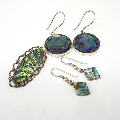 Two Pairs of Paua Shell and Sterling Silver Earrings and Pendant