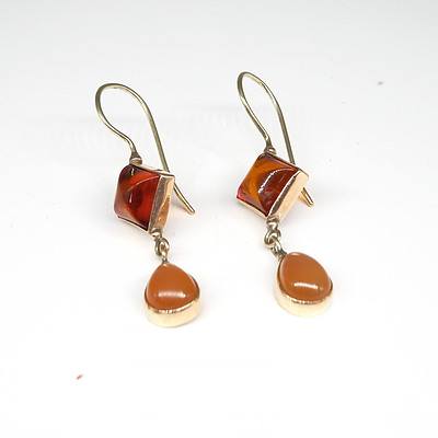 9ct Yellow Gold Drop Earrings with Amber and Moon Stone