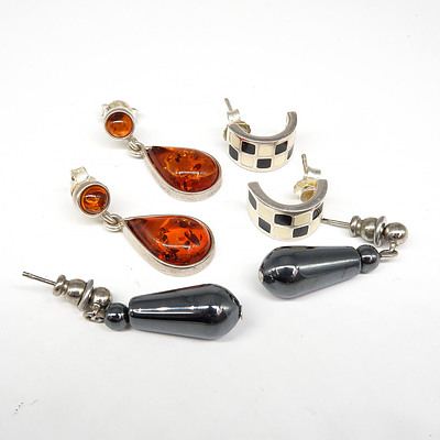 Three Pairs of Sterling Silver Earrings, with Amber, Hematite and Chequered Board