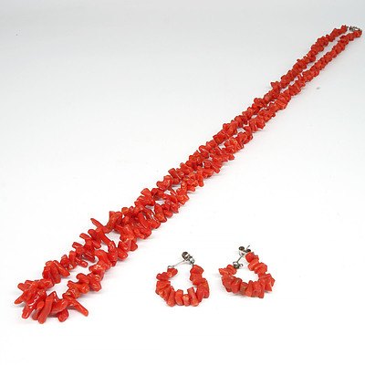 Pair of Coral Hoop Earrings and a Long Dark Orange Natural Coral Stork Necklace