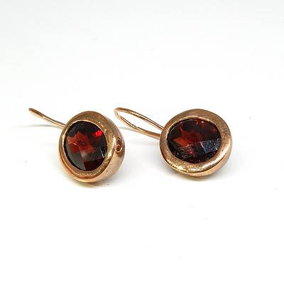 9ct Red Gold Drop Earrings with Chequerboard Cut Red Garnet