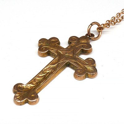 Antique 9ct Red Gold Cross on a Fine Oval Link Chain
