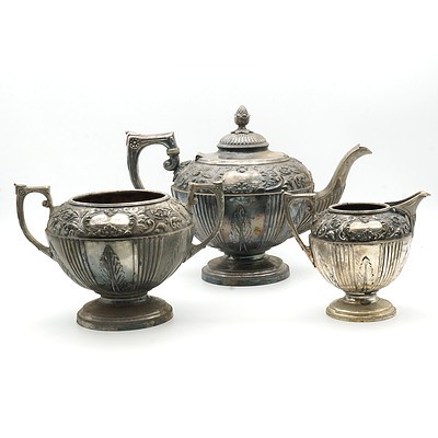 Antique James Dixon and Sons Silver Plate and Repoussé Three Pieces Tea Service