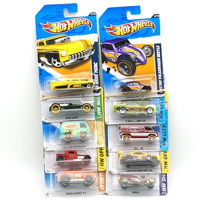 Ten Boxed Hot Wheels Cars, Including 71 Mustang Funny Car and Fangula