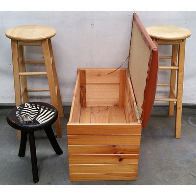 Pine Blanket Box, Two Pine Stools, One Small Stool and Two Clothes Airers