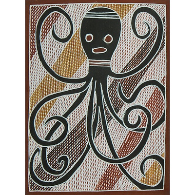 DHAMARRANDJI Milminyina 'Octopus' with Label for Nambara Arts & Crafts & Artist Unknown 'Squid or Octopus'