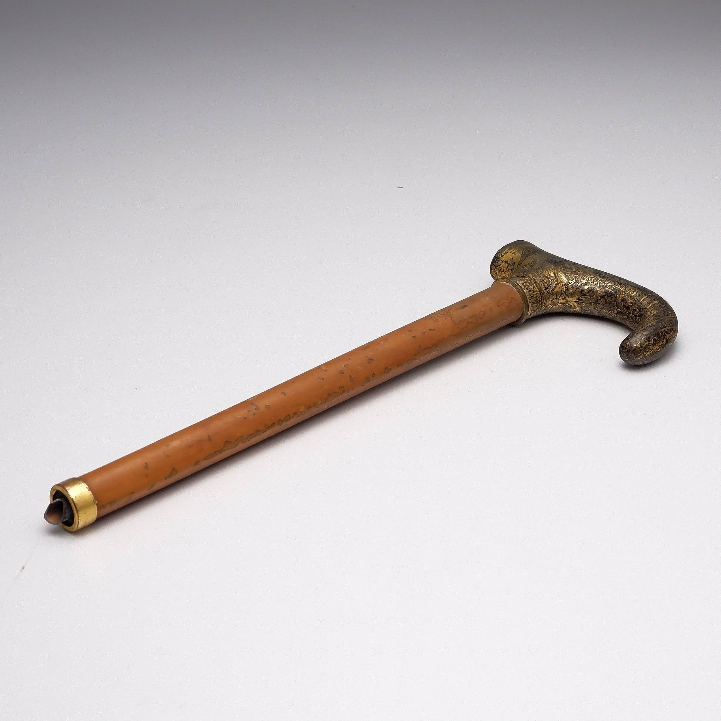 'Antique Indian Engraved and Niello Inlaid Cane Handle'