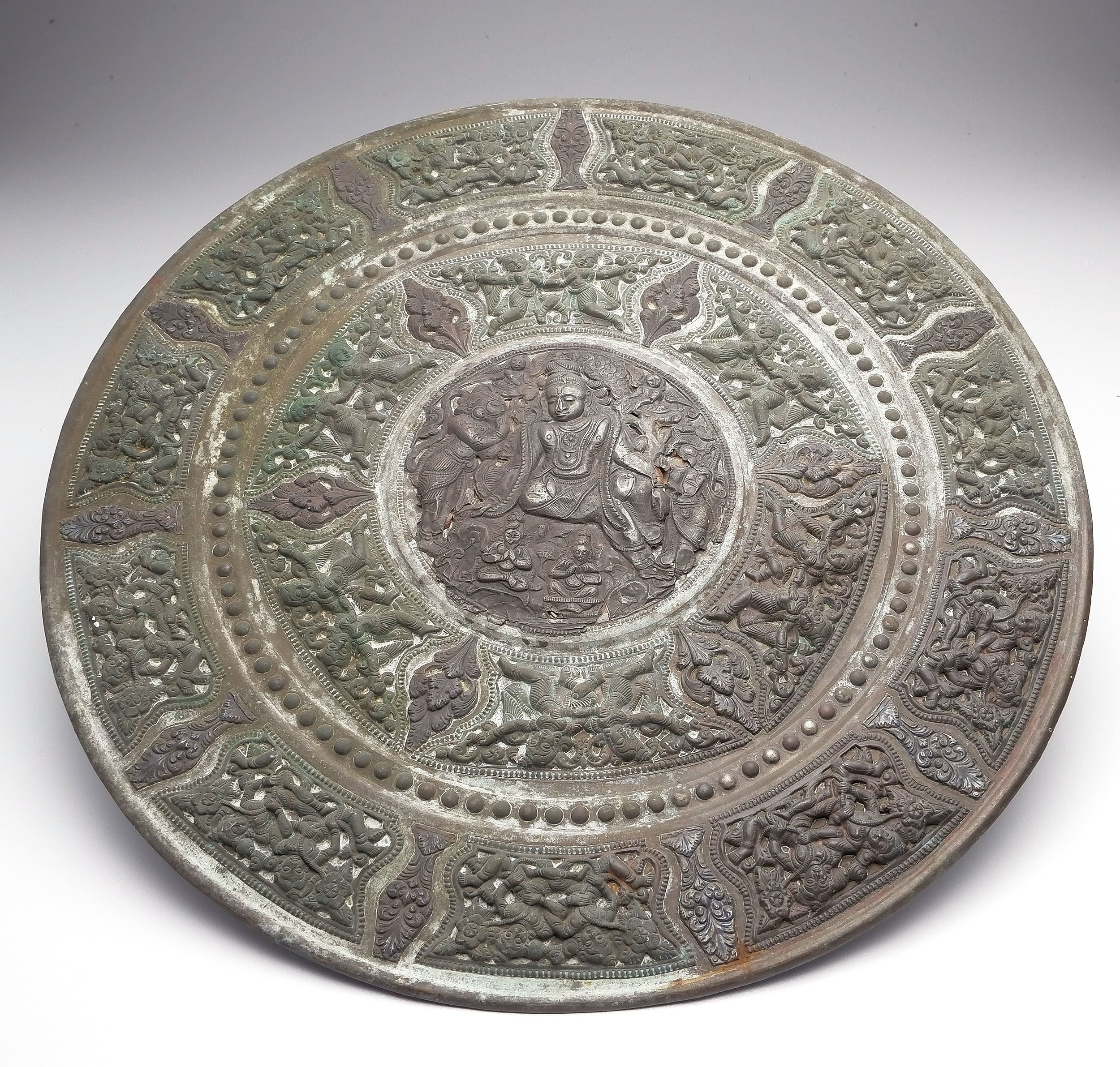 'Large Indian Mixed Metal Tray Repousse Decorated with HInduist Iconograhy, 19th Century'