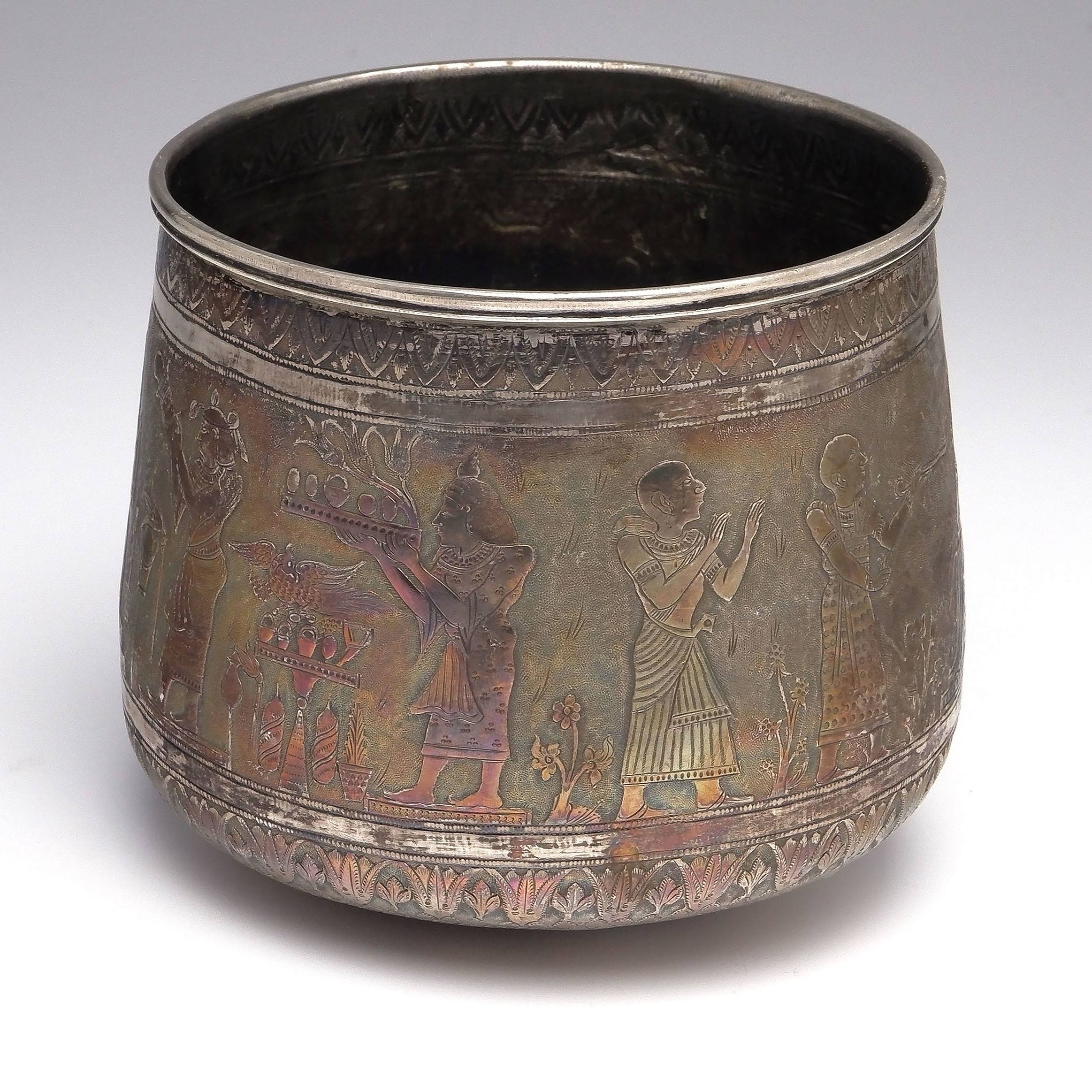 'Finely Engraved Silvered Vessel with Ancient Egyptian Panorama, Probably Cairo Circa 1900'