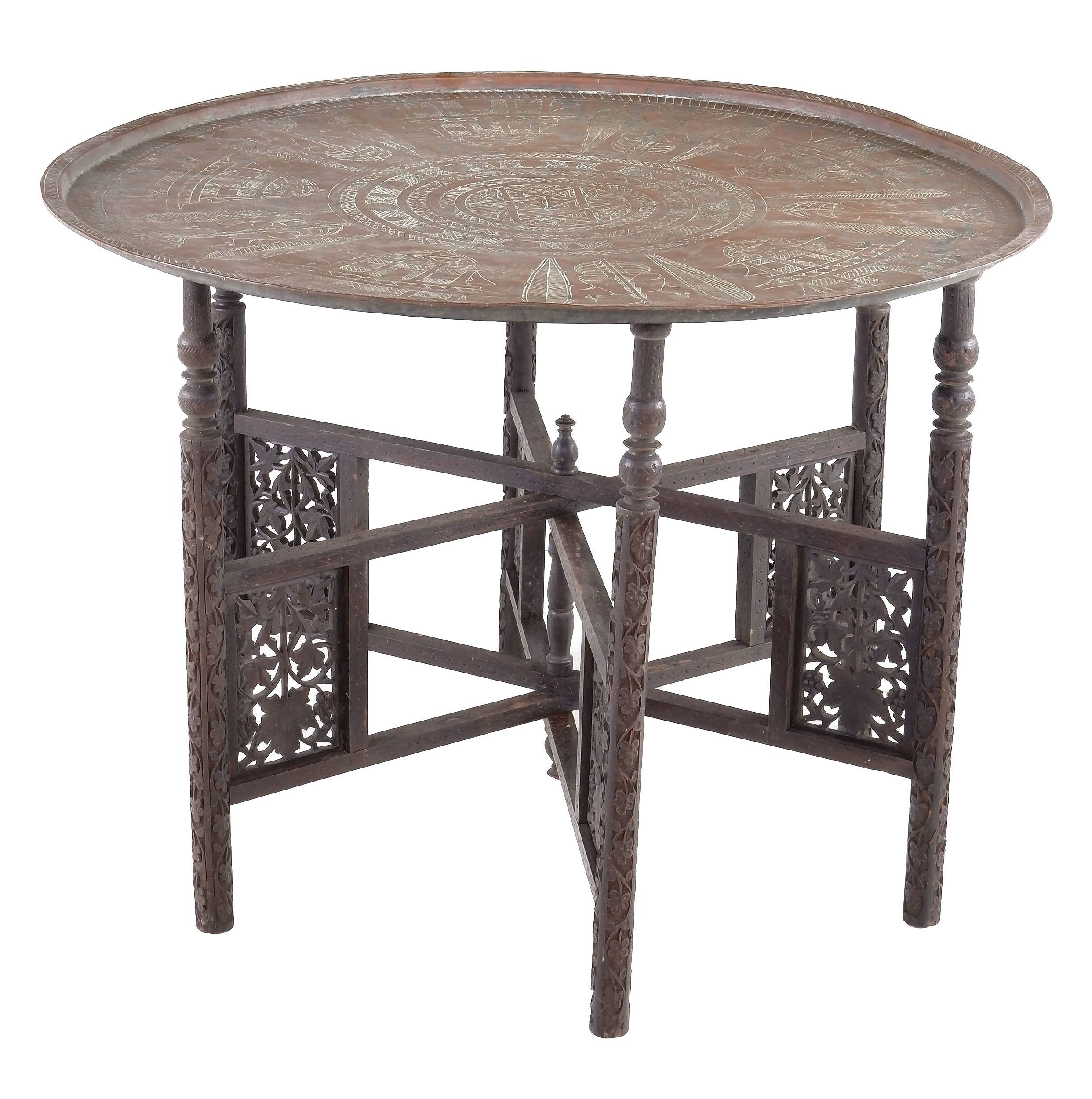 'Large Indian Carved and Pierced Folding Table with Engraved Copper Top, Early 20th Century'