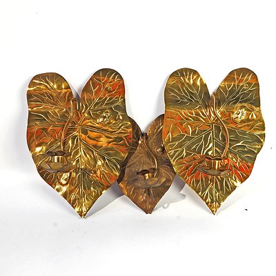 Three Anglo Japanese Brass Lily Leaf and Frog Wall Sconces, Early 20th Century