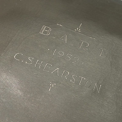 English Liberty and Co. Pewter Cigarette Box with Inscription 'B.A.R.C - 1952 - C.SHEARSTON'