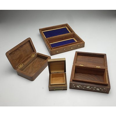 Group of Trinket Boxes Including Two Indo-Persian Inlaid Teak Boxes