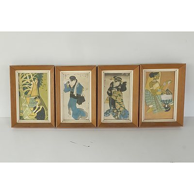 Two Vintage Offset Prints of Japanese Woodblocks, and Another Two Prints After Contemporary Indian Paintings