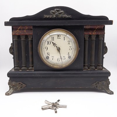 Antique American Sessions Clock Co Mantle Clock with Painted and Metal Mounted Wood Case