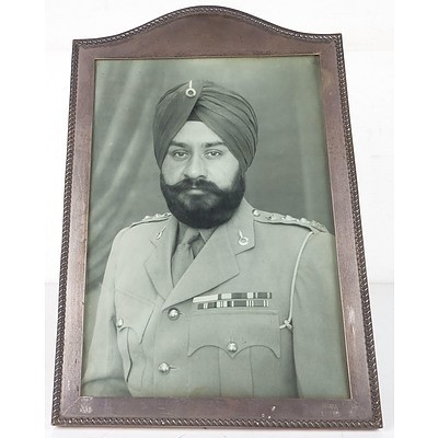 Portrait of Maharaja Harinder Singh in Sterling Silver Frame Engraved with Faridkot State Coat of Arms, Including Ephemera